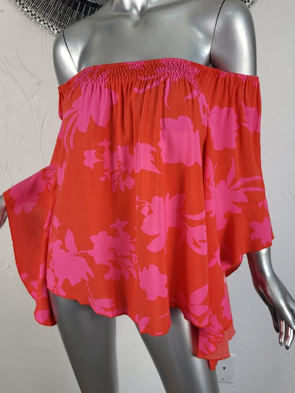 SHEIN~M/L~PINK ORANGE OFF THE SHOULDER TUNIC TOP PEASANT BLOUSE BOHO HIPPIE